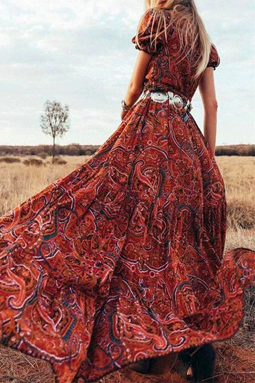 Bohemian V-Neck Maxi Dress with High SlitClistos