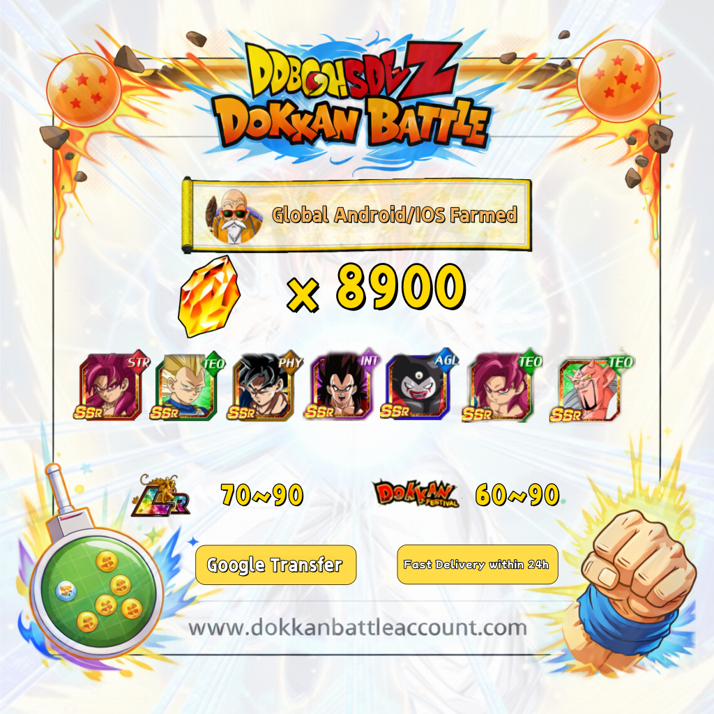 [Global] Dokkan Battle Farmed Account 8900 DS with 11th anniversary Gomah Super Saiyan 4 Goku (Mini), Dabura Android and IOS