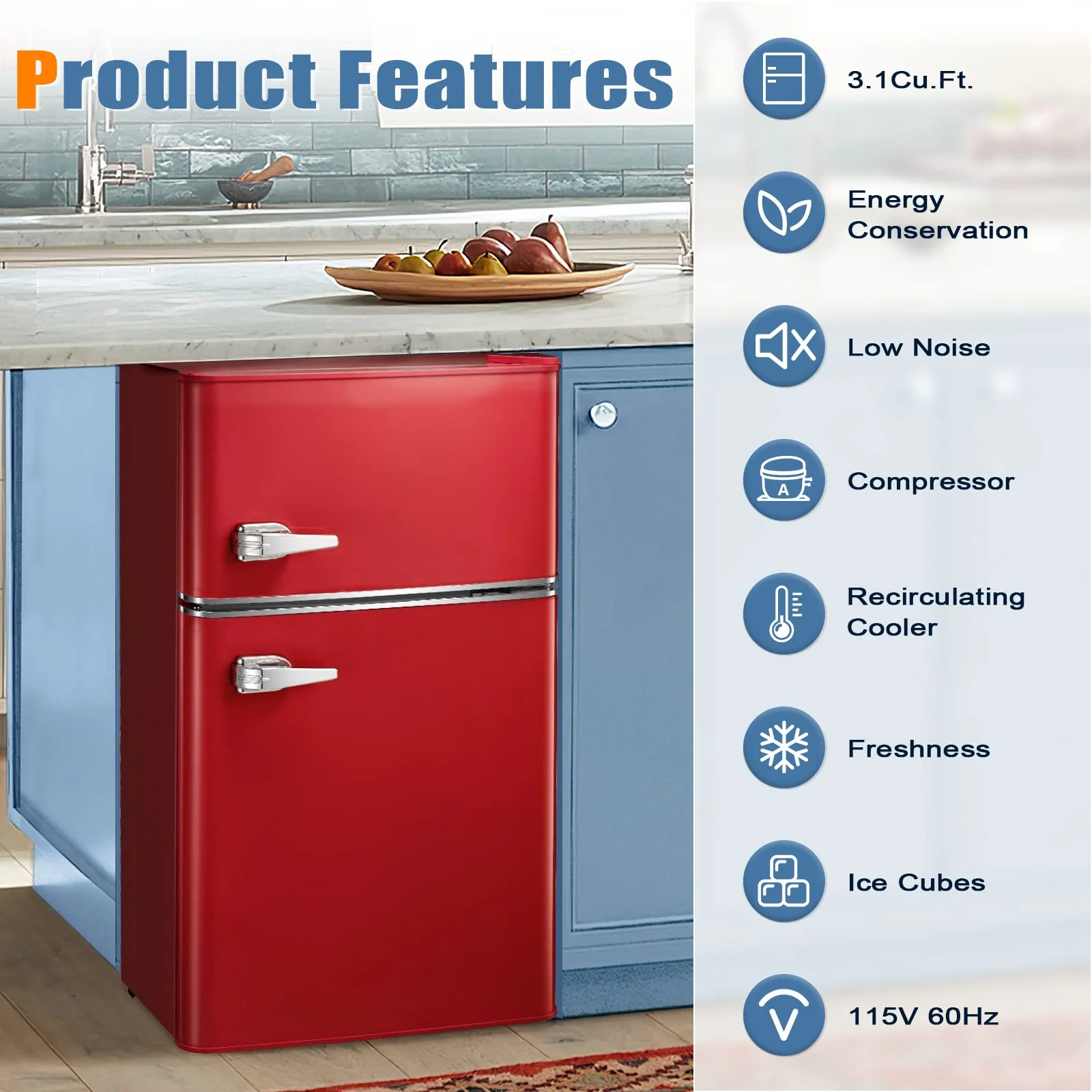 Kismile  Mini Fridge 3.1Cu.Ft Compact Refrigerator 2-Doors Freezer