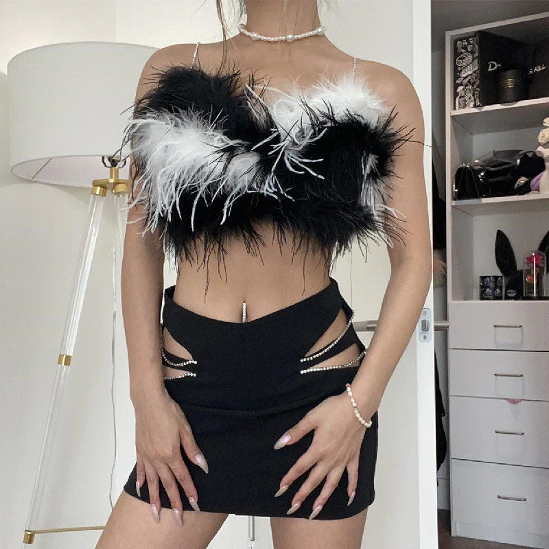 Feather Trim Crop Top with RhinestonesClistos