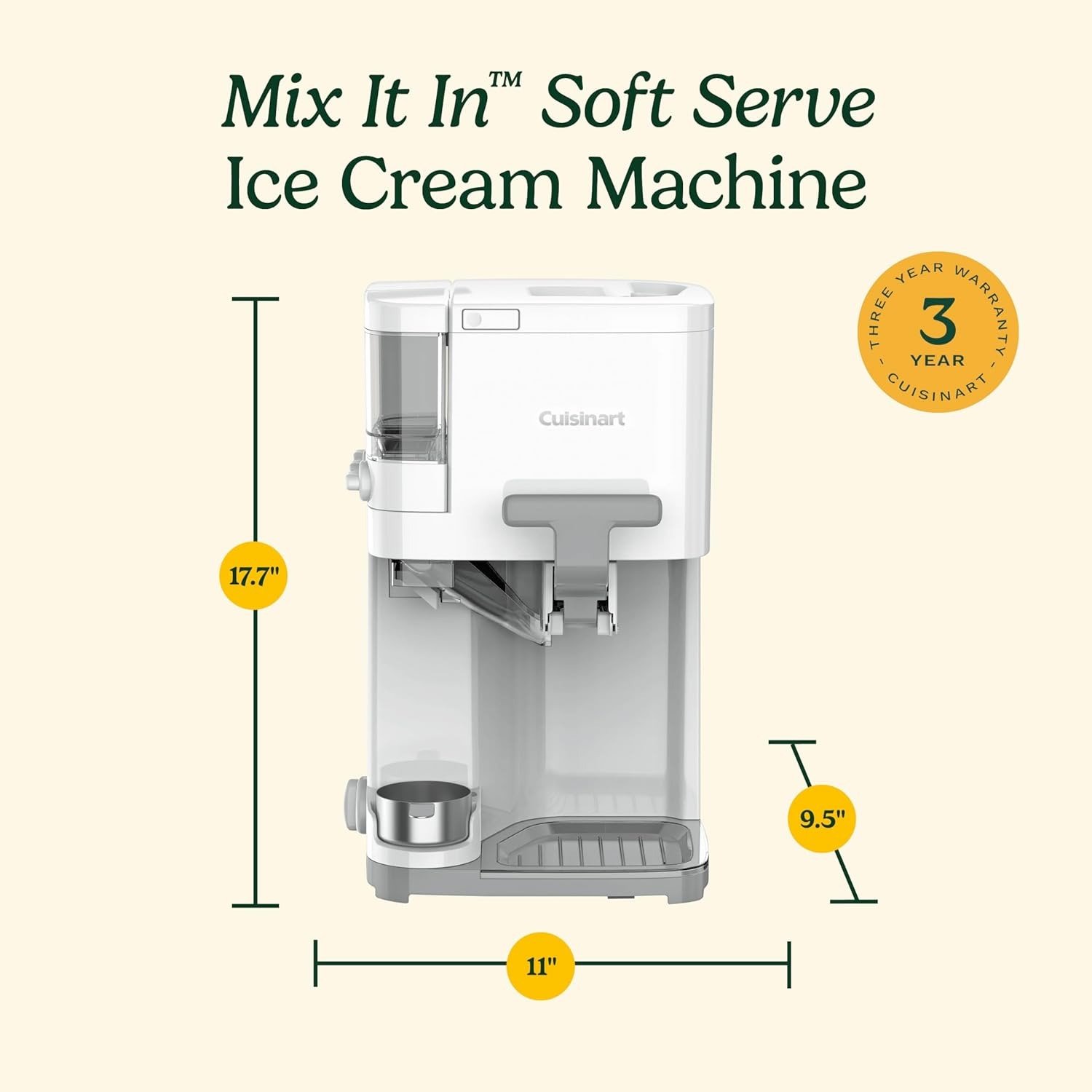 Soft Serve Ice Cream Machine- Mix It In Ice Cream Maker for Frozen Yogurt, Sorbet, Gelato, Drinks 1.5 Quart, White