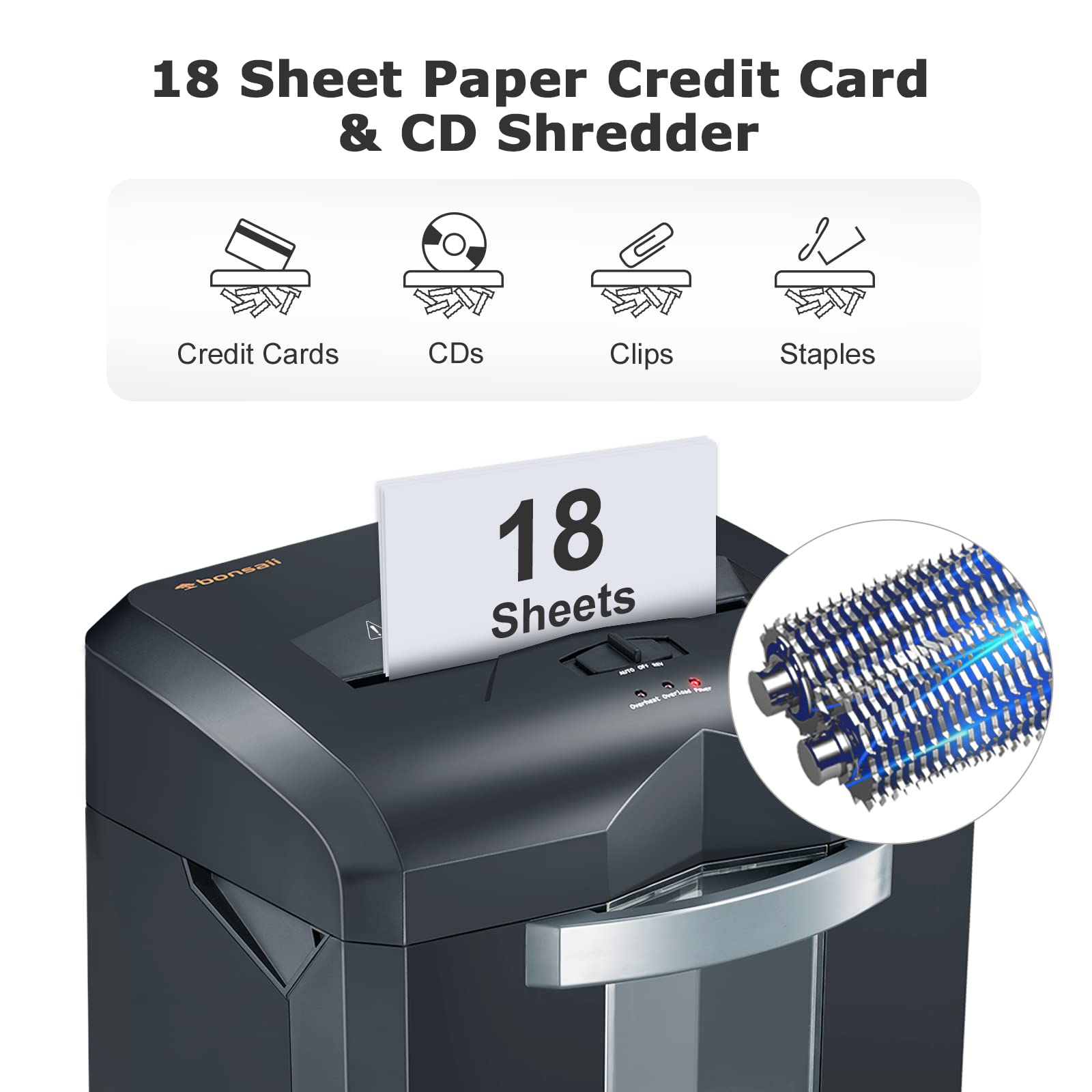 Bonsaii 18-Sheet 60-Minutes Paper Shredder for Office with 6 Gallon Pullout Basket & 4 Casters
