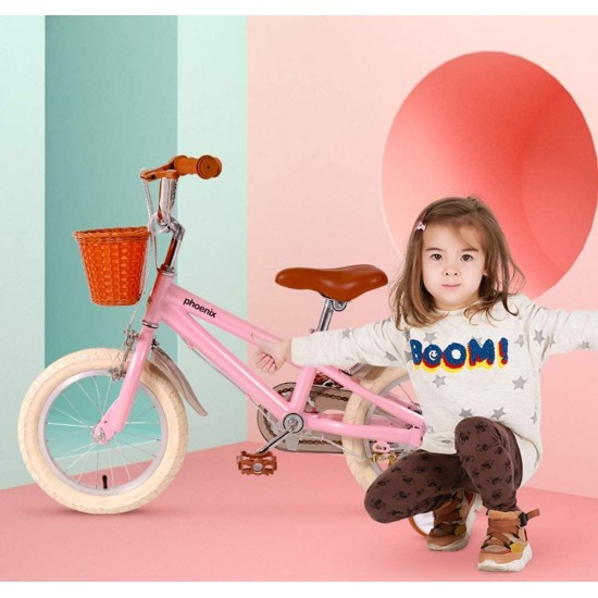Vintage 14 16 18 Inch Kids Bike with Basket and Training Wheels, Handbrakes for 3-8 Years Old Girls &Boys Toddler
