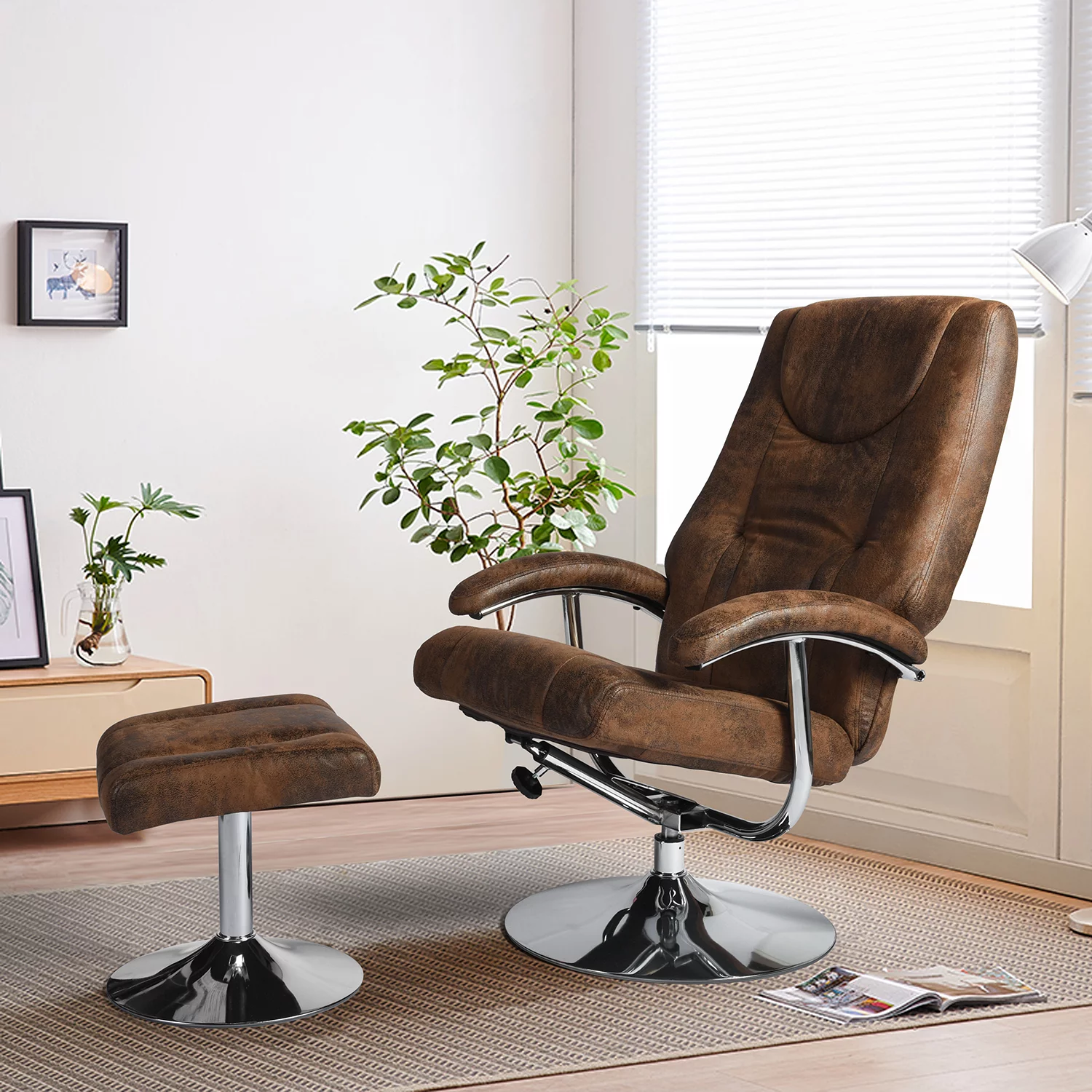 Homy Casa Accent Chair with Ottoman, Vintage Fabric Armchair, Brown