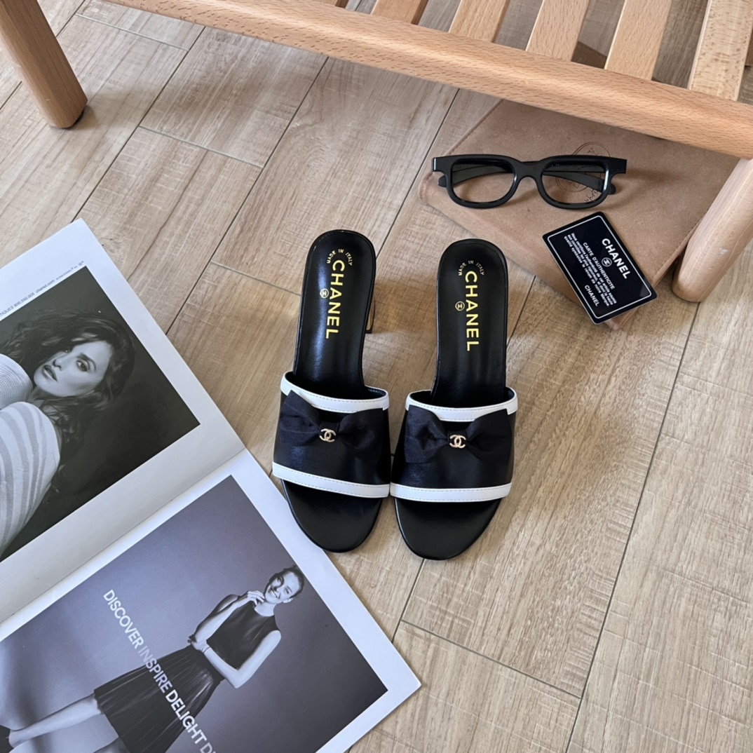Chanel Grosgrain Ribbon Bow Mule Leather Gold Black