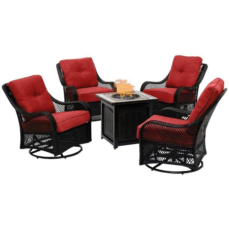 Orleans 5-Piece Steel Patio Fire Pit Conversation Set with Cushions, Swivel Gliders and Square Fire Pit Table