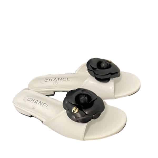 Chanel Black Camellia Slides White