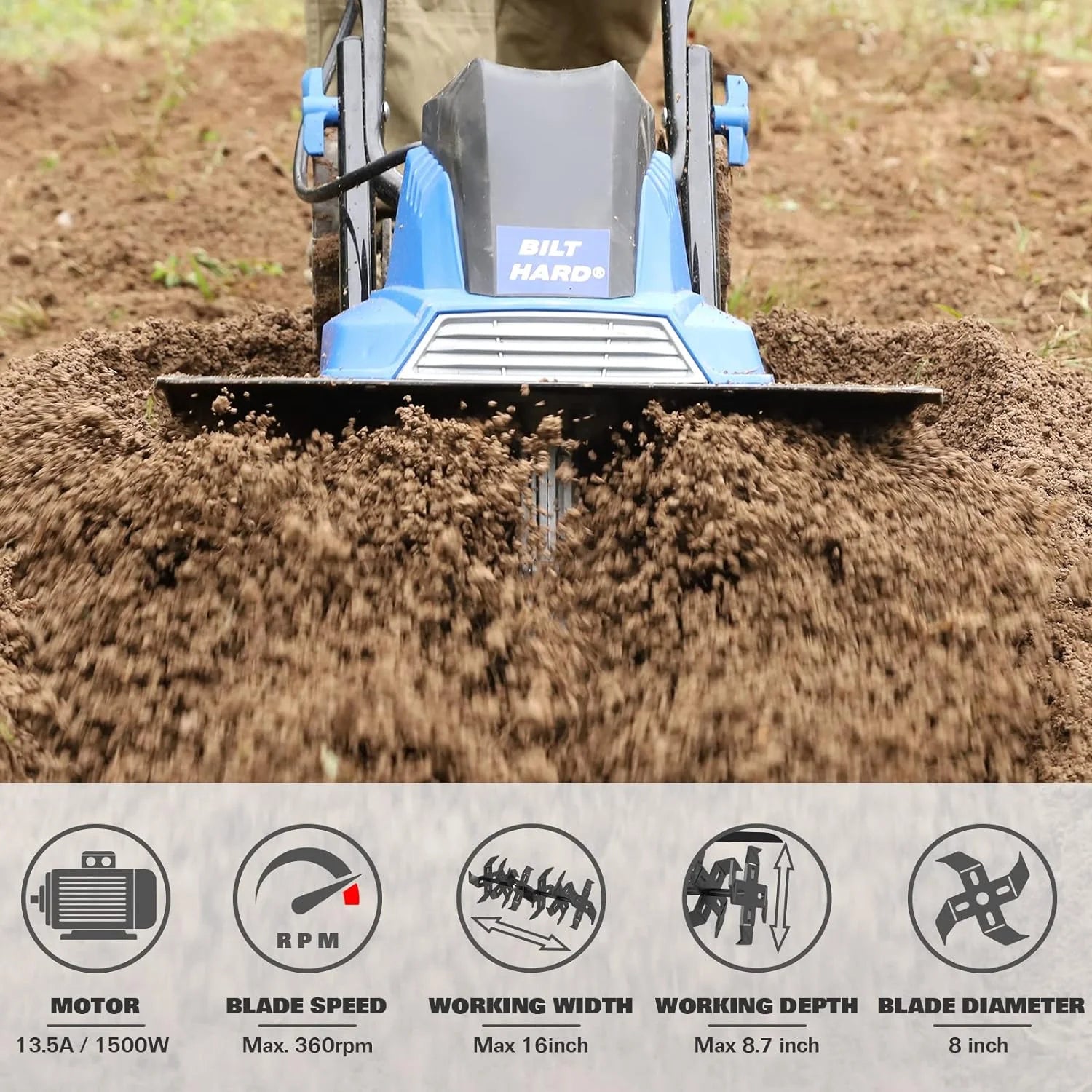 BILT HARD Tiller Cultivator 16 inch, 13.5 Amp 6 Steel Tines Electric Garden Rototiller with Adjustable Wheels