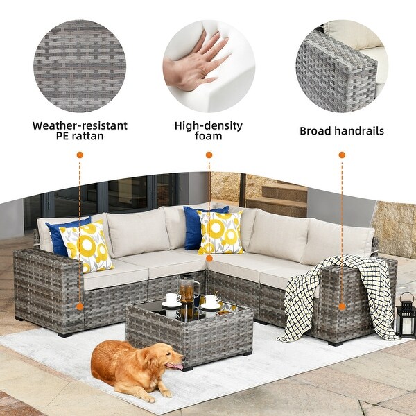 OVIOS Patio Wicker Furniture Wide Arm 6piece Set with Table