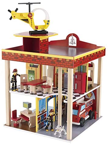 KidKraft Wooden Fire Station Set for 360 Degree Play - Wooden Construction,  Bendable Figures, Young Children Toy