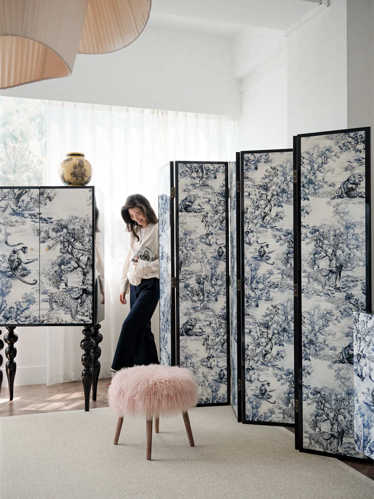 YA015 (4-Folder) - Di@r Maison Series Jungle Art Lacquered Wood French Screen Ink Blue and White New Chinese