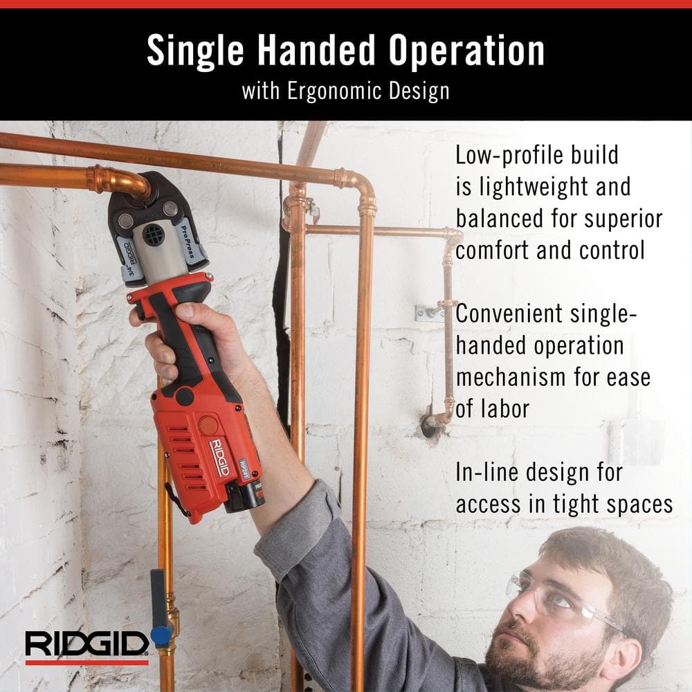 Ridgid RP 241 Compact Inline Press Tool Kit Includes 3 ProPress Jaws (1/2 in., 3/4 in., 1 in.), 2-12V Batteries, Charger + Case 57373