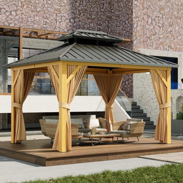 2026 10X13 FT Outdoor Galvanised Steel Hardtop Gazebo, Heavy Duty Double Roof Outdoor Gazebo with Netting and Sunshade Curtains, Aluminium Framed Gazebo for Patio, Terrace, Lawn and Deck, Khaki