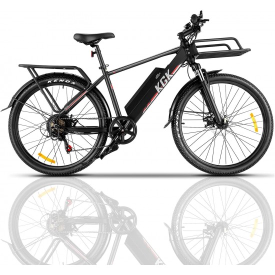 26″ Electric Bike, 350W 20MPH Electric Mountain Bicycle Adult Commuter Cargo Ebike with Removable 10.4Ah Battery, Professional 7-Speed Gears, Fender, Shock Absorption, Front Cargo Rack, Back Seat