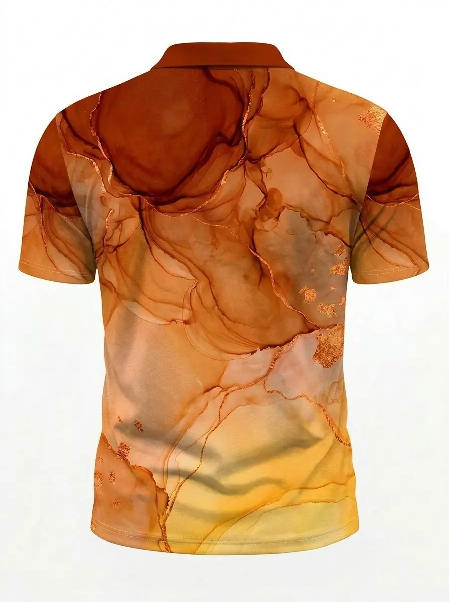 Moisture Wicking Golf Polo 3D Orange Brown Gold Marble Button Short Sleeve Golf Polo Shirt