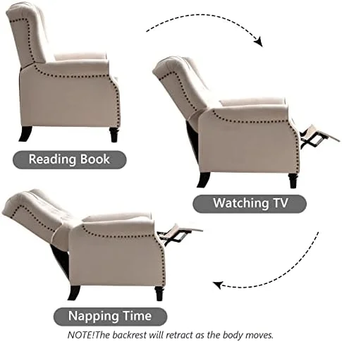 RUNFAYBIU Push Back Recliner Chair  Elizabeth Fabric Recliner with Tufted Back Home Theater Seating w/Padded Seat and Nailhead Trim  Wooden Legs  White