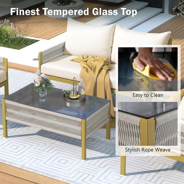4Piece Rope Patio Furniture Set with Tempered Glass Table