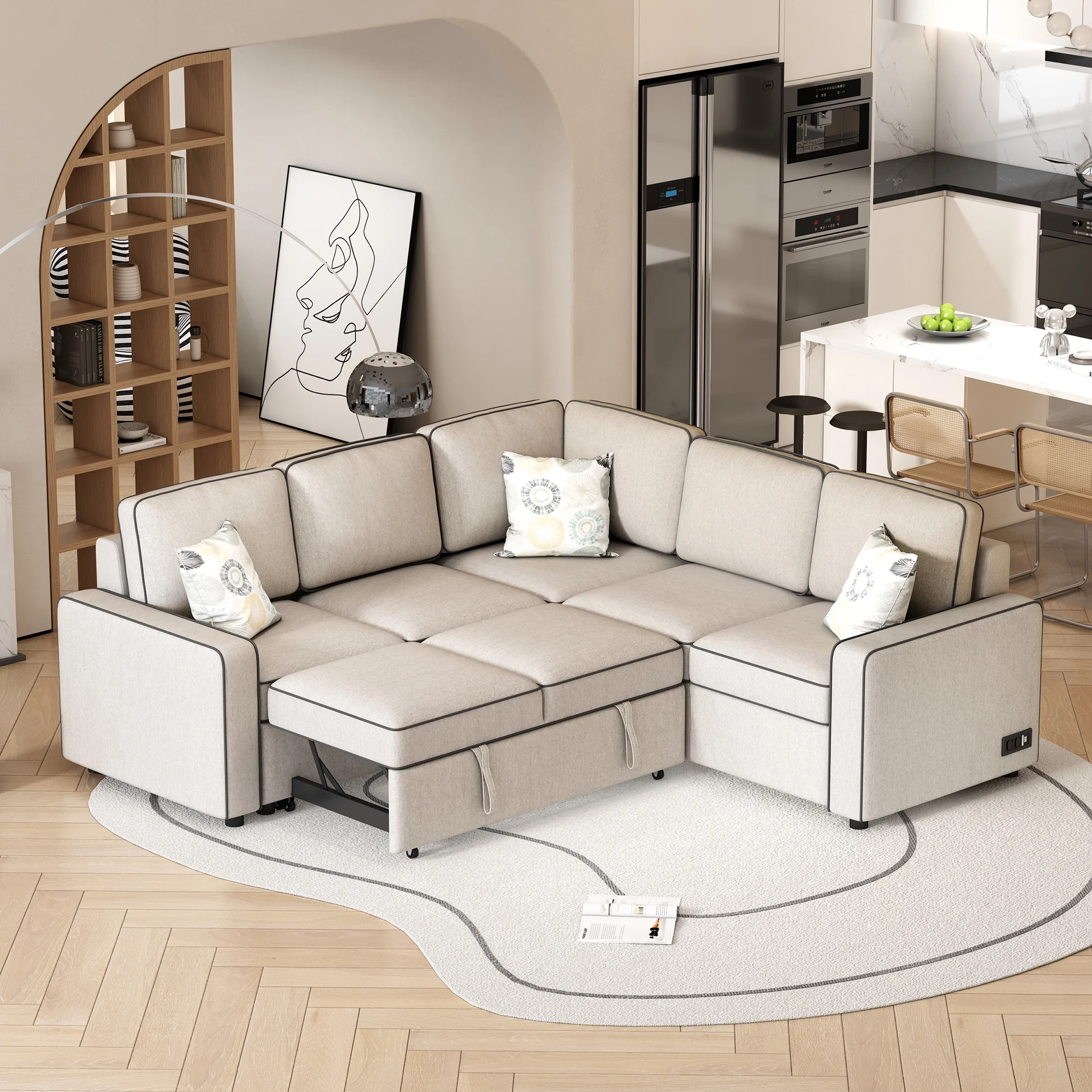 Soges 5 Seat Pull Out Sofa Bed L-Shaped Sofa with 2 USB Ports, Sockets, Pillows, 83