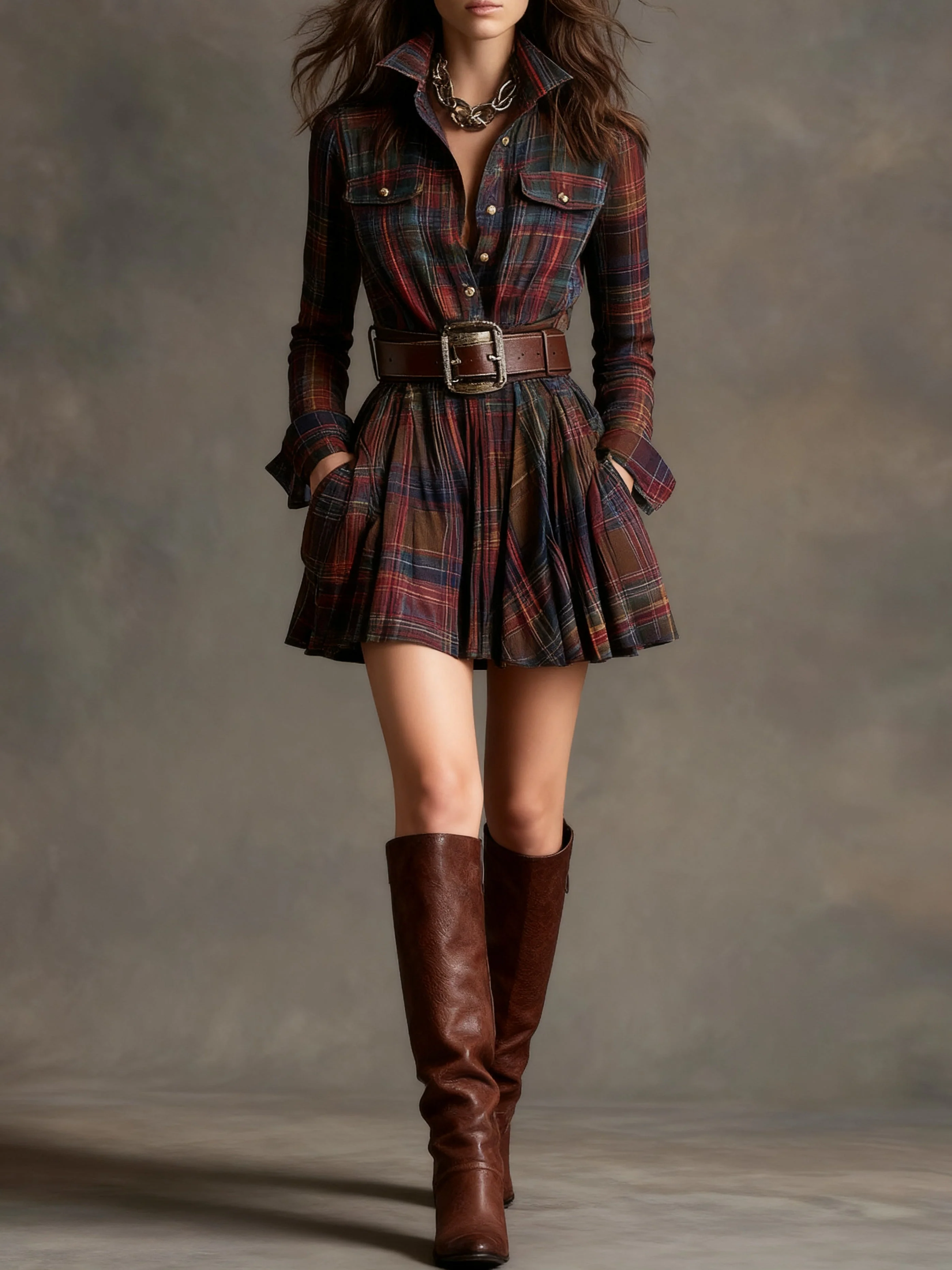 Belted Plaid Shirt Dress | Elegant Midi DressClistos