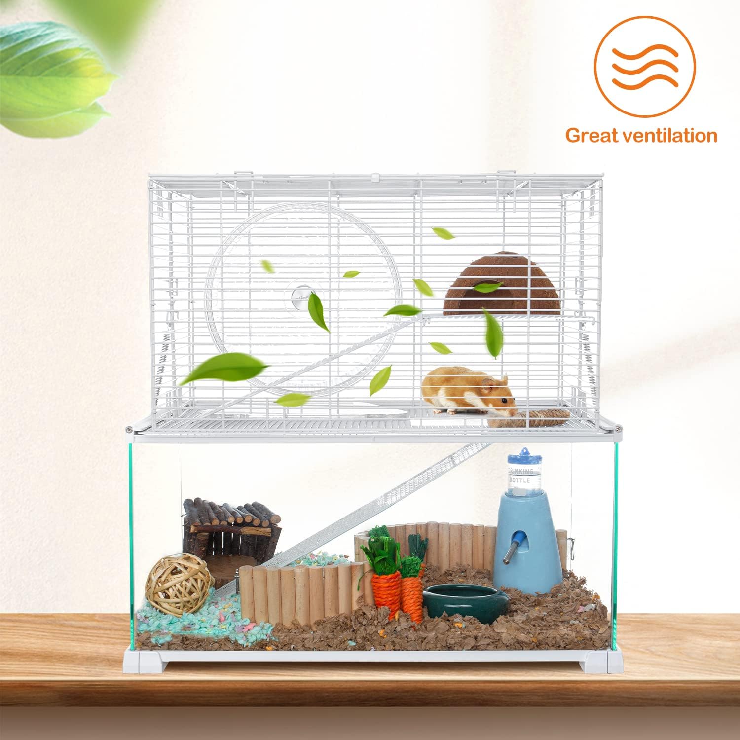 3 Tiers Large Hamster Cages, Glass Hamster Cage Habitat with Openable Wire Topper, Gerbil Cage with Two Ladders Ramps and Removeable Waterproof PVC Tray, Easy to Clean
