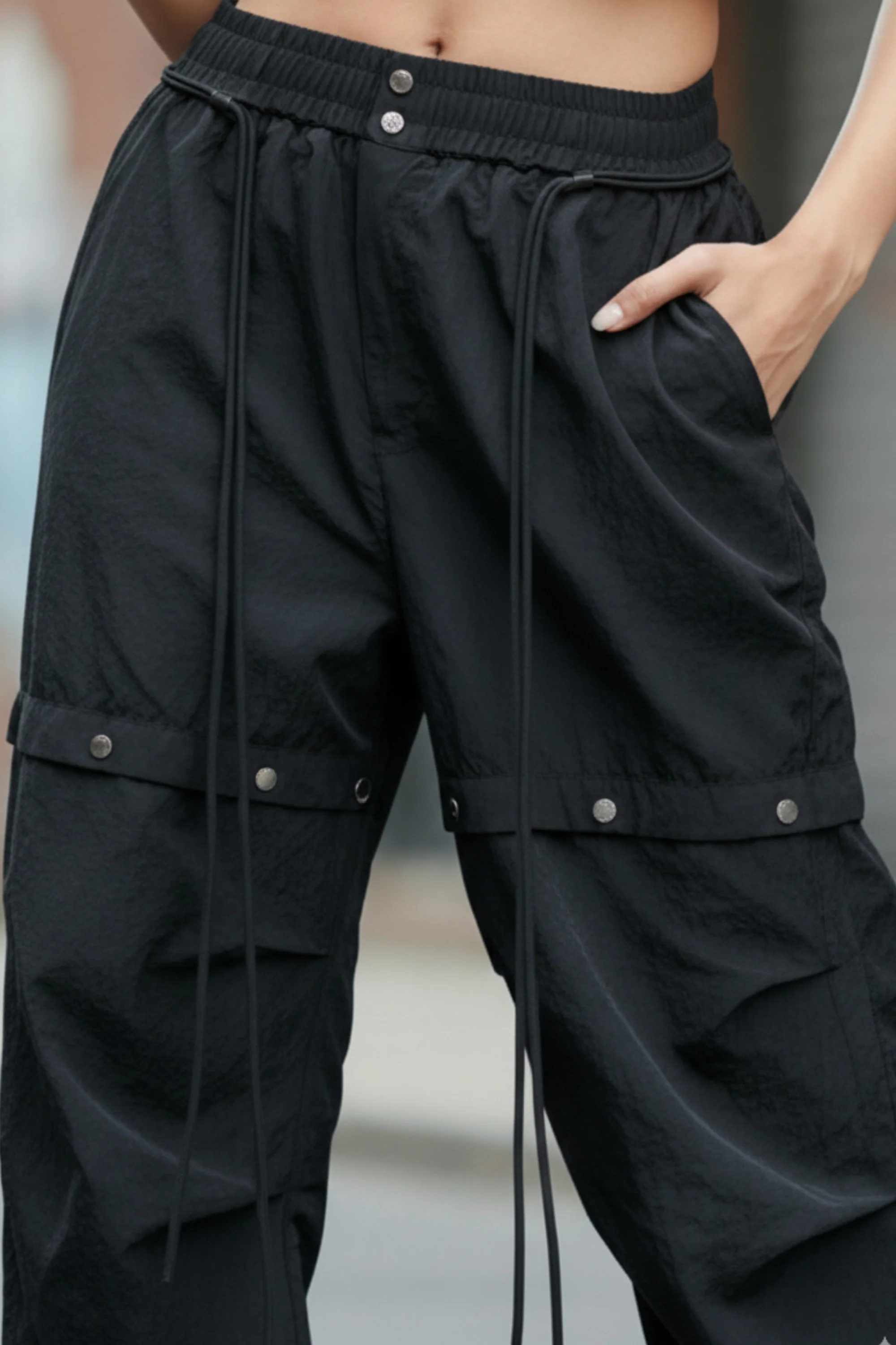 Black Cargo Pants with Snap Buttons