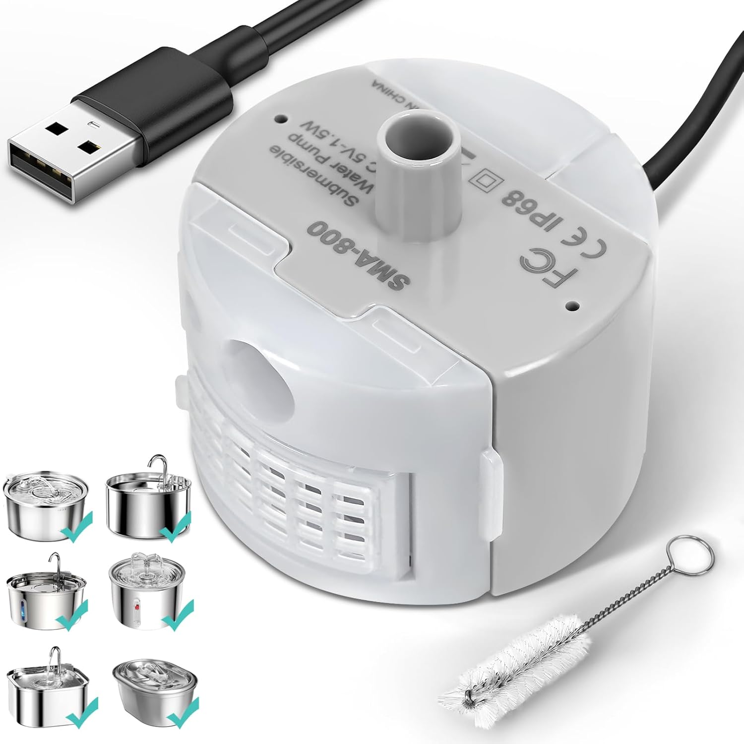 Ultra-Quiet Replacement Pump for Stainless Steel Cat Water Fountains - SMA-800 Motor - Safe and Easy to Clean with Low Voltage DC 5V and USB Cable (Pump) (Side Pump)