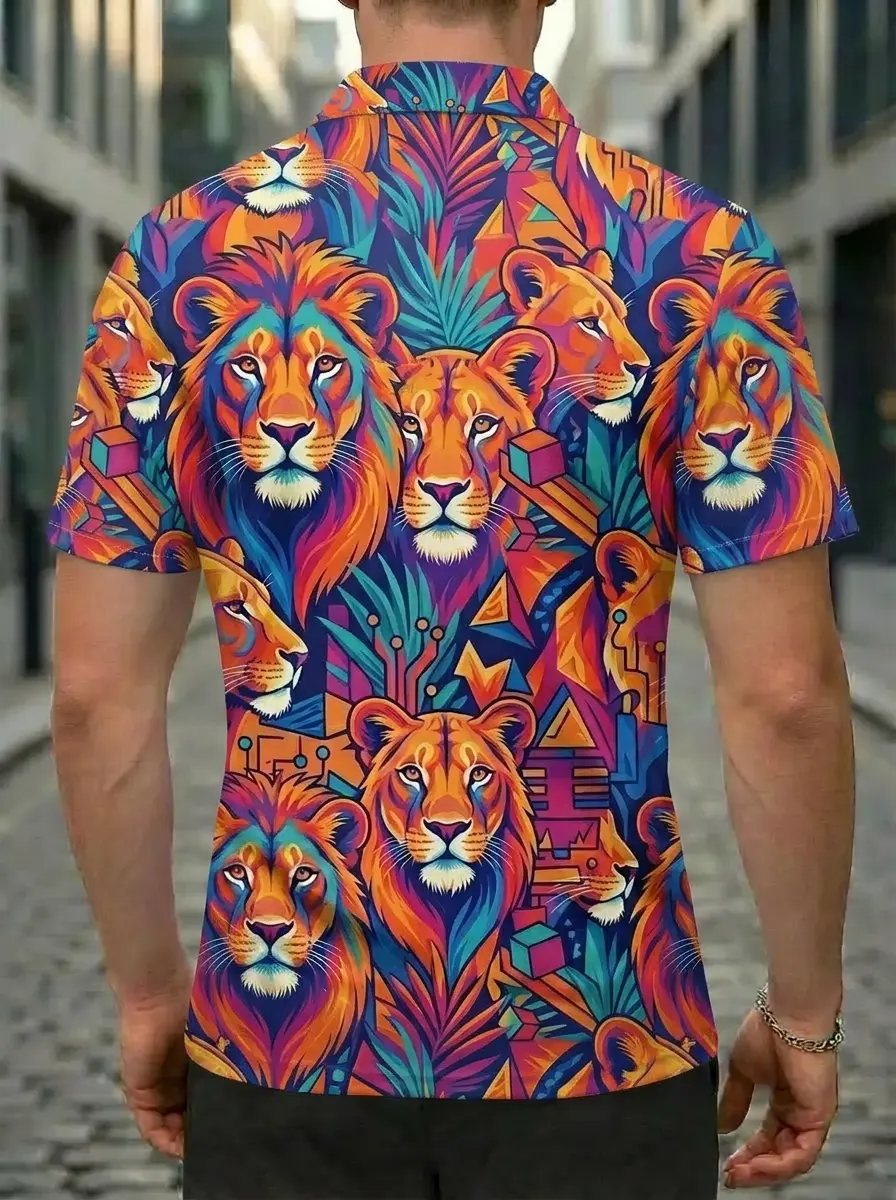 Moisture Wicking Golf Polo 3D Colorful Lion Button Short Sleeve Golf Polo Shirt