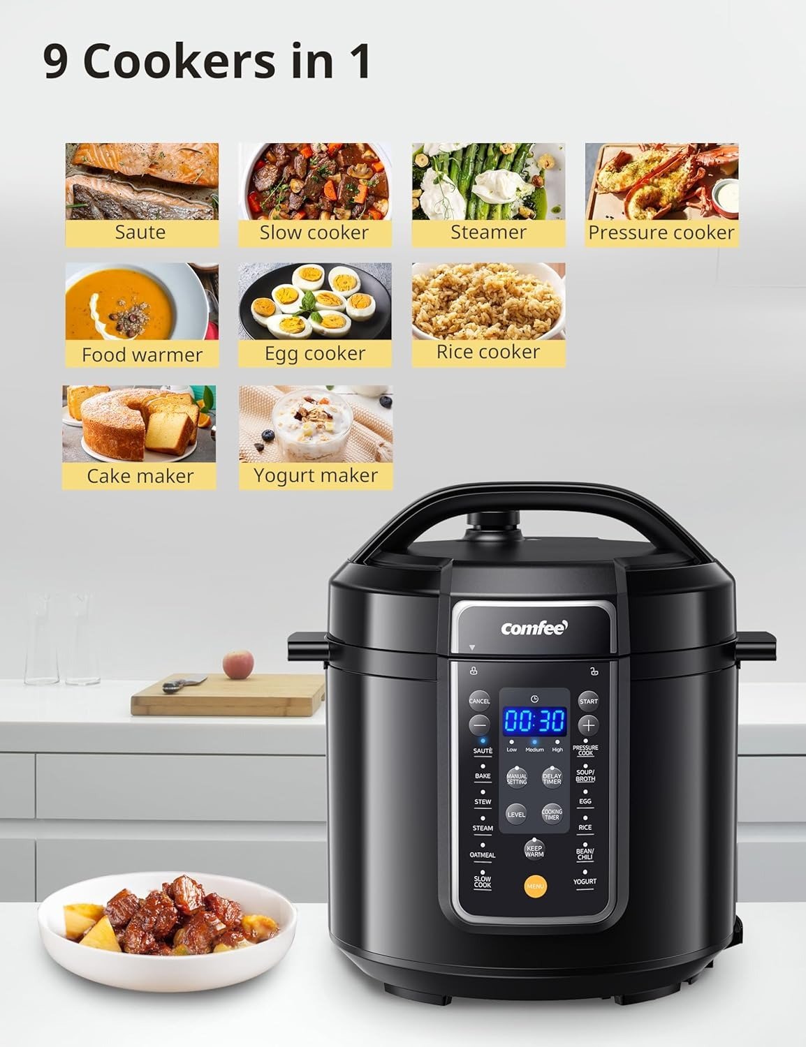 9-in-1 Electric Pressure Cooker, 14 Presets Instant Multi Cooker Olla de Presion Non-Stick Pot Yogurt Maker Rice Cooker Slow Cooker Sauté Steamer 6 Quarts Black