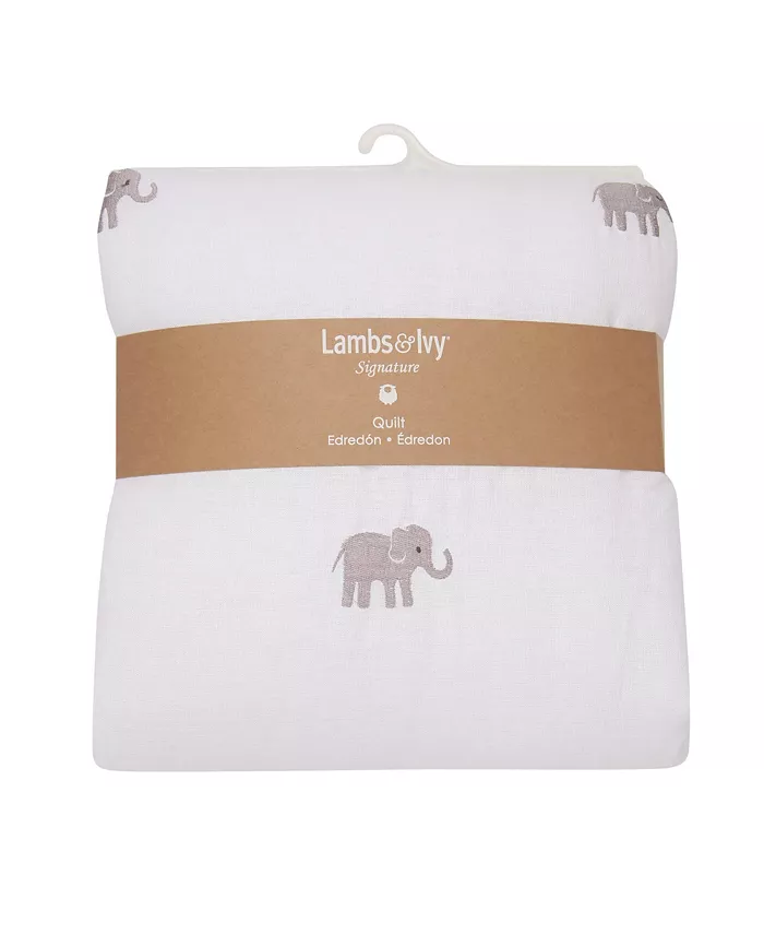 Lambs and Ivy Signature Elephant Creamy White Linen Embroidered Baby Crib Quilt