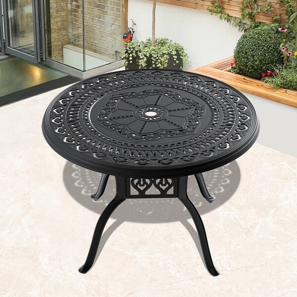 39.37 Inch Cast Aluminum Patio Dining Table with Black Frame and Umbrella Hole