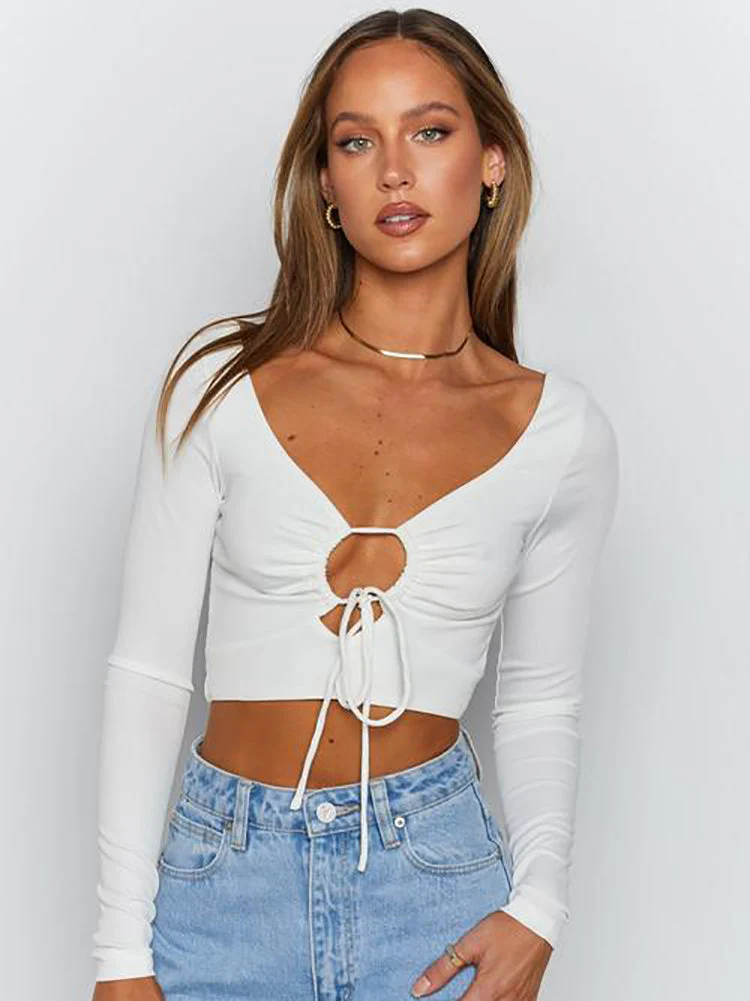 Cutout Tie Detail Long Sleeve Crop TopClistos