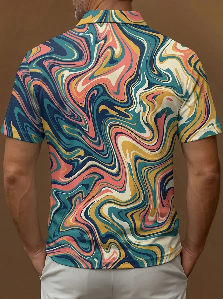 Multicolor Swirl Marble Print Short Sleeve Golf Polo Shirt