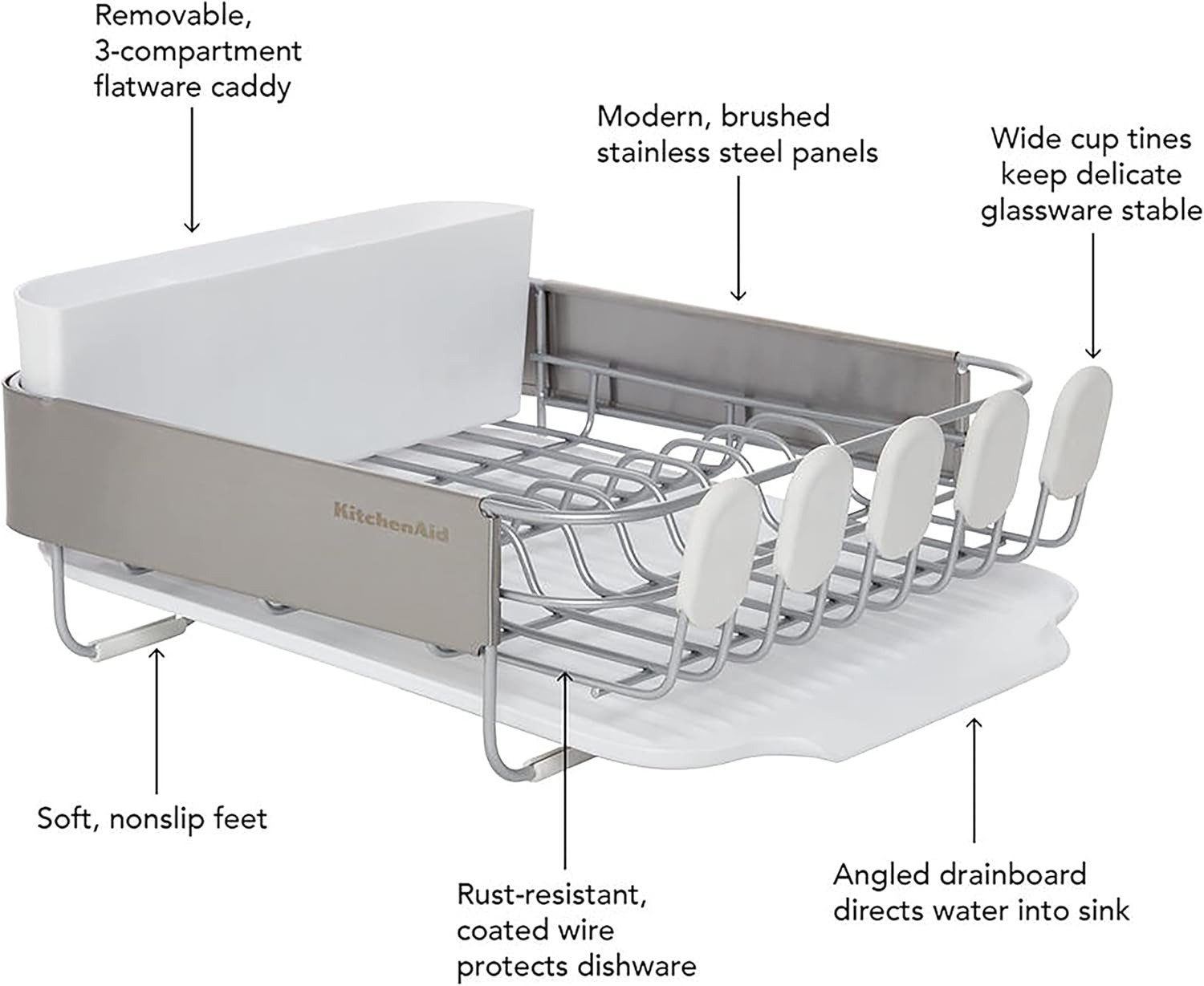 16.06 Inch Compact Stainless Steel Dish Rack Rust Resistant with Drainboard & Flatware Caddy White