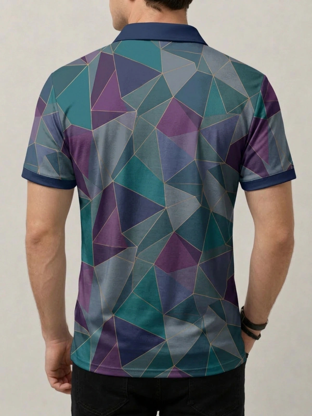Teal Purple Gold Geometric Crystal Print Short Sleeve Golf Polo Shirt