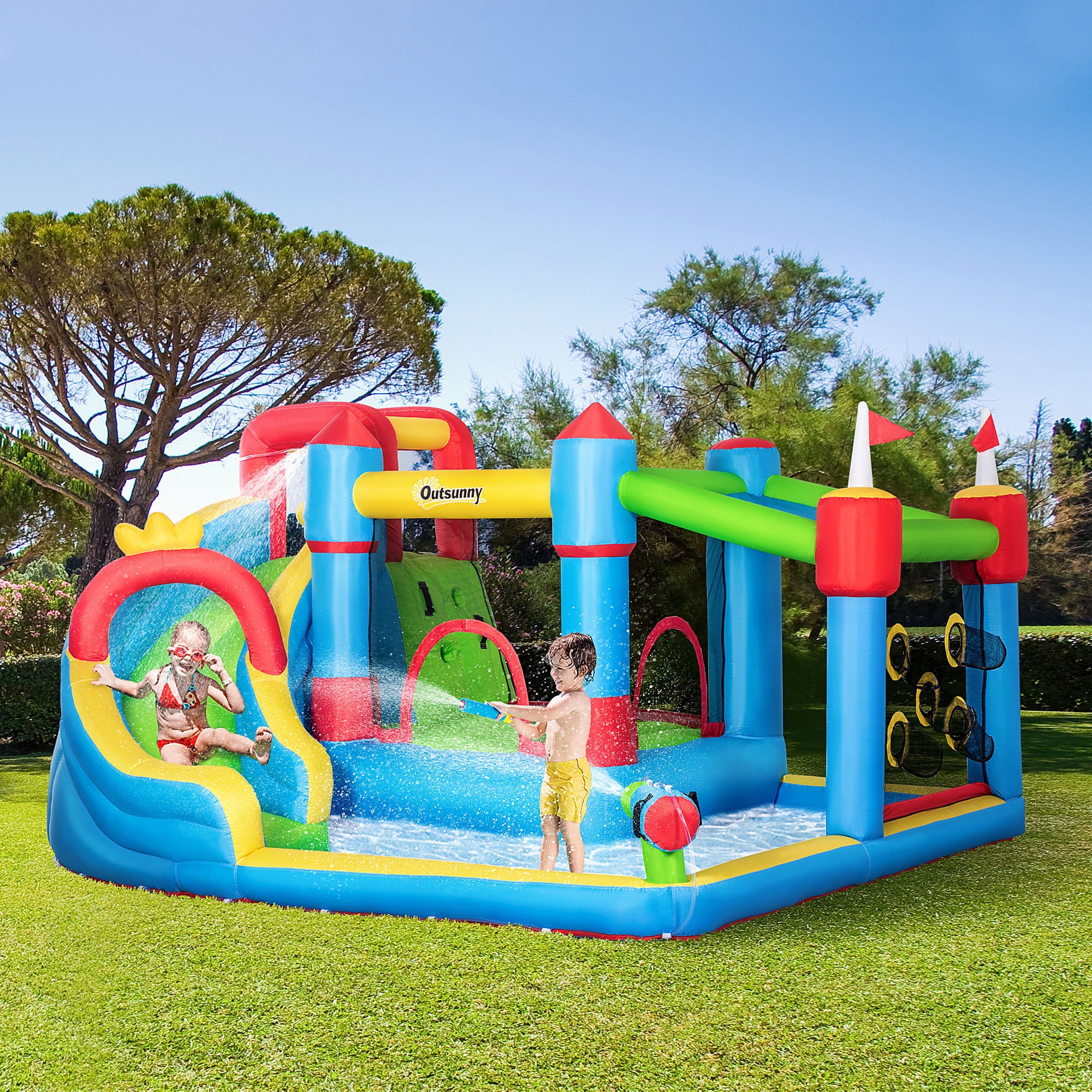 Outsunny 6-in-1 Inflatable Water Slide, Kids Water Park Castle Bounce House Includes Slide, Trampoline, Pool, Cannon, Climbing Wall 450W Air Blower Oxford Fabric Child