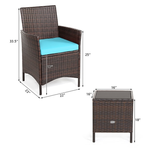 Costway 3PCS Patio Rattan Furniture Set Cushioned Sofa Glass Tabletop