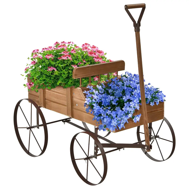 Wooden Wheeled Wagon Planter – Decorative Rolling Garden Planter for Patios and Landscapes