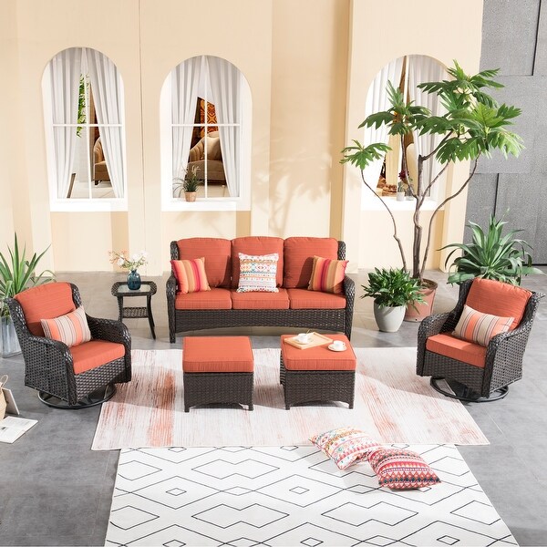 OVIOS 6piece Rattan Wicker Patio Furniture Set Swivel Gliding Chair Set