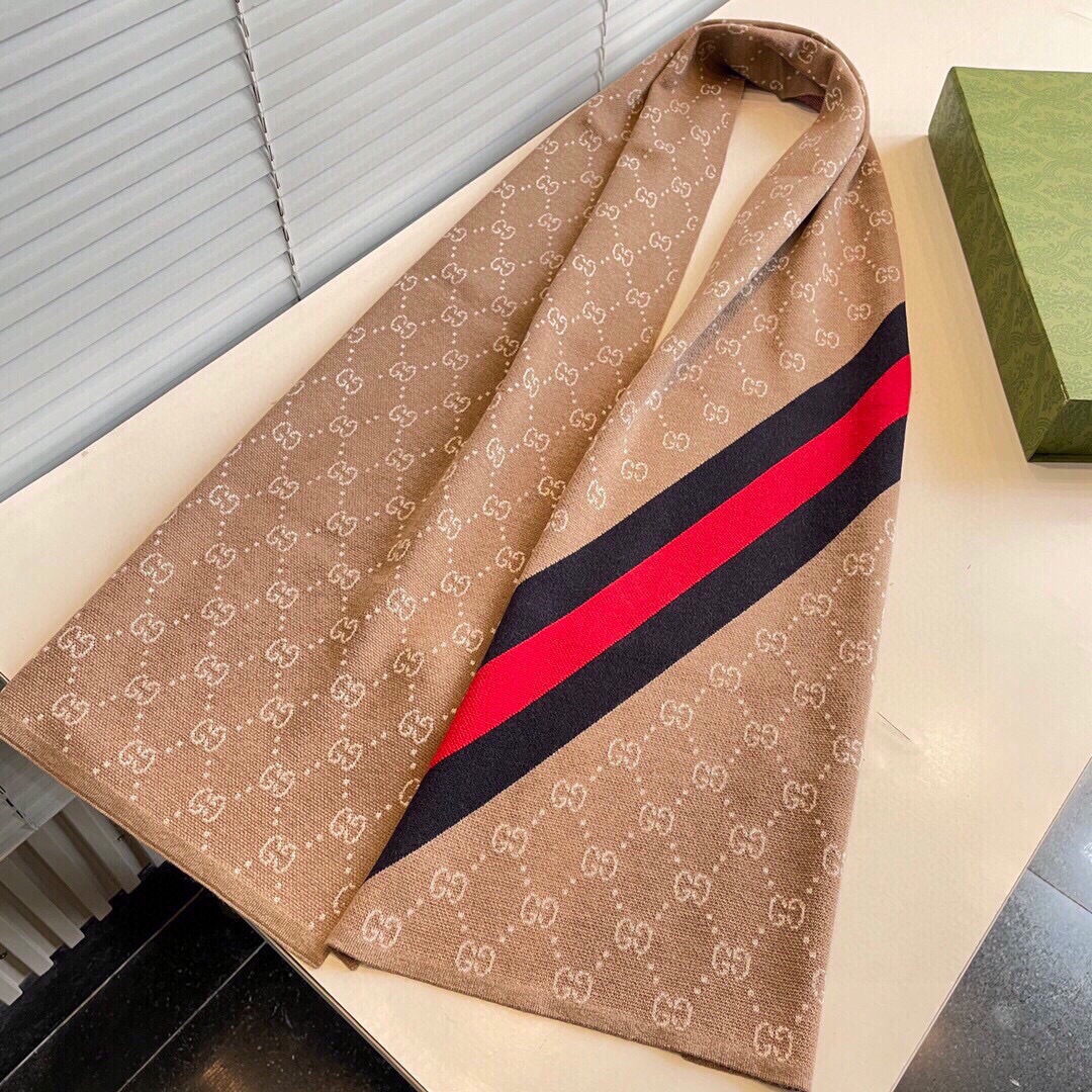 Gucci Cashmere Scarf Stripe Brown Beige For Women 190cm