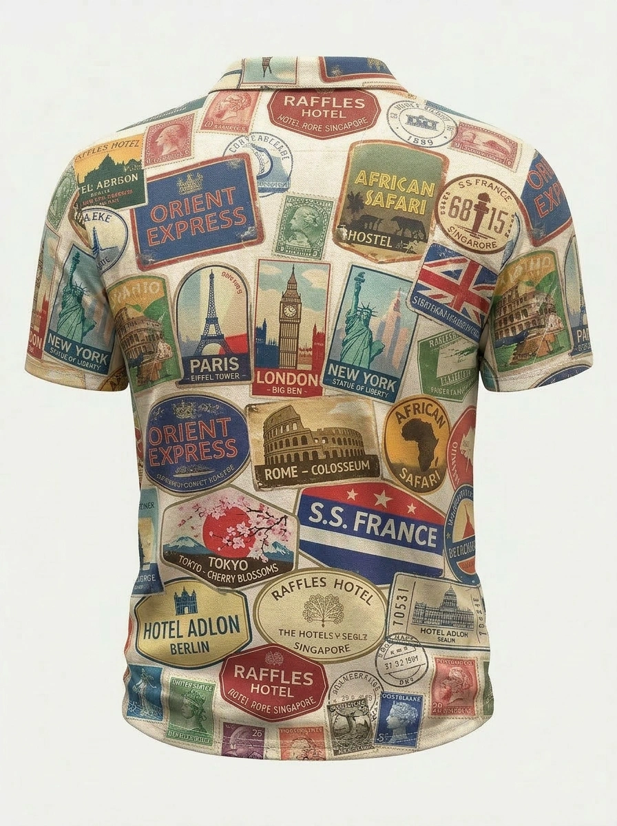 Moisture Wicking Golf Polo 3D Vintage Travel Stamp Button Short Sleeve Golf Polo Shirt