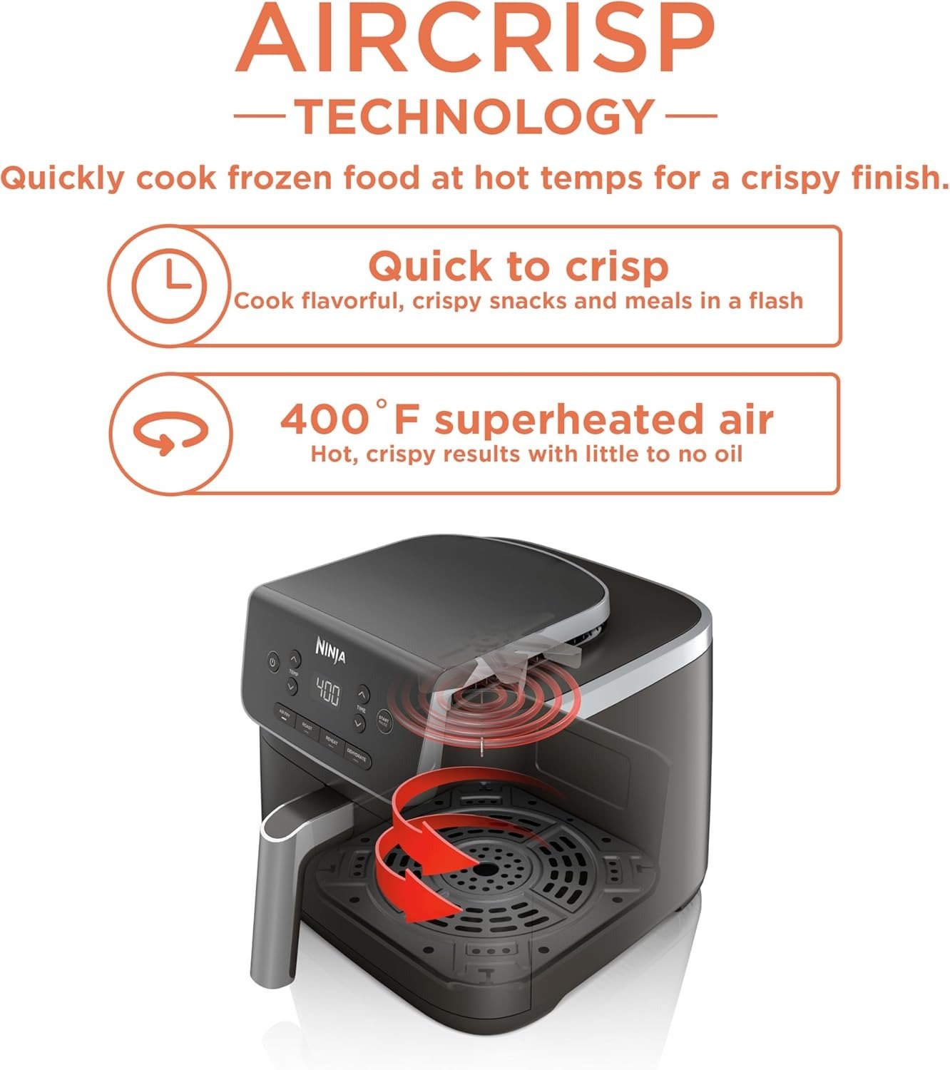 Air Fryer with Air Crisp | 5 QT Capacity fits up to 4lbs of Fries | 4-in-1 Pro Air Fry, Roast, Reheat, Dehydrate | 400°F Max Temp | 1750 Watts | W/Nonstick Basket & Crisper Plate