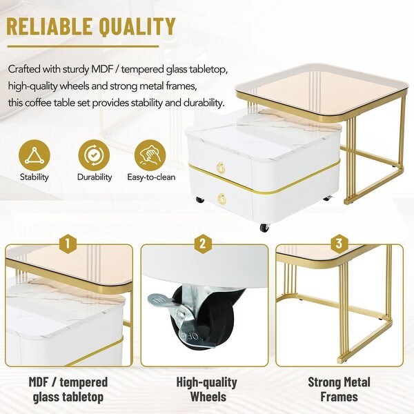 Mieres Stackable Coffee Table,Nesting Tables with Brown Tempered Glass,Wheels and Drawers and High Gloss Marble Grain Top