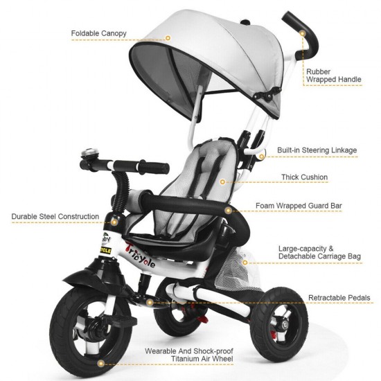 6-In-1 Kids Baby Pushing Tricycle Detachable Bike w/ Canopy Bag