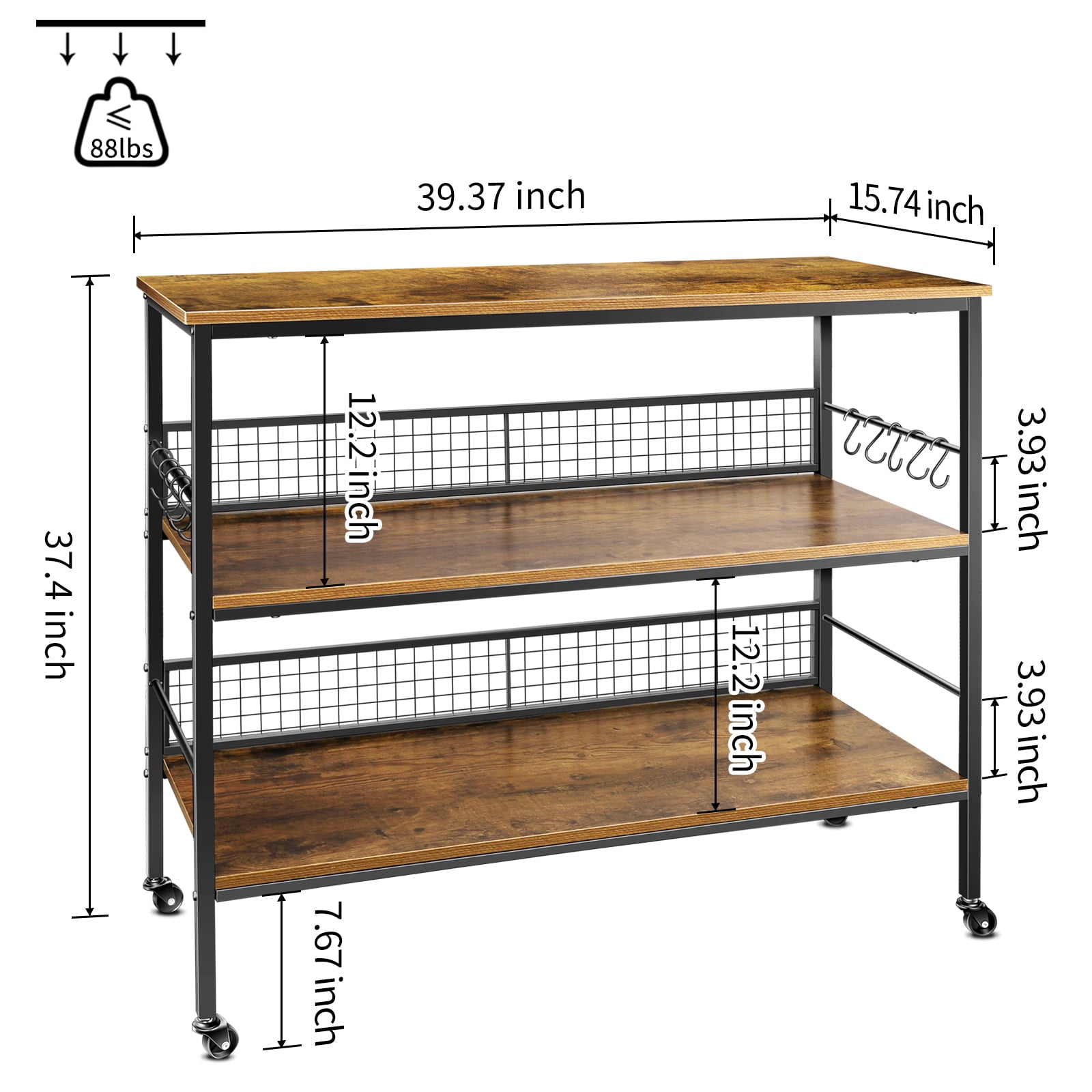 Cheflaud Rolling Kitchen Storage Cart Island with large open shelves and Large Worktop, 3-Tier Kitchen Baker’s Rack with 10 Hooks, Stable Steel Structure and Easy Assembly, Rustic Brown