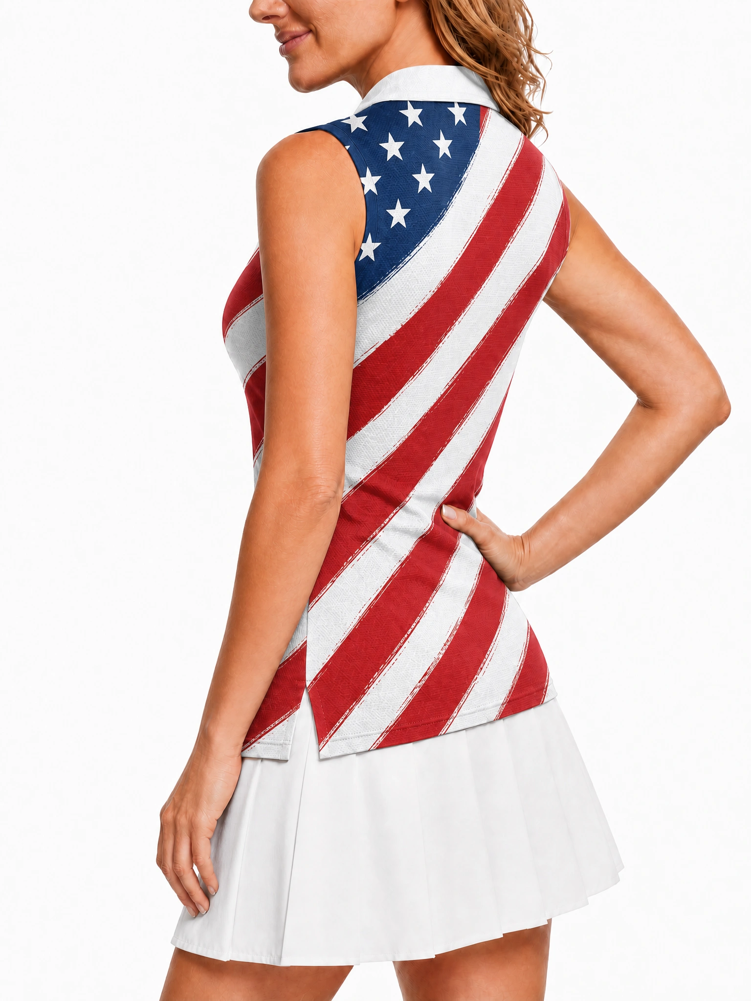 Women Sleeveless Quick Dry Golf Polo Shirt, Vintage Brushstroke American Flag Patriotic Print