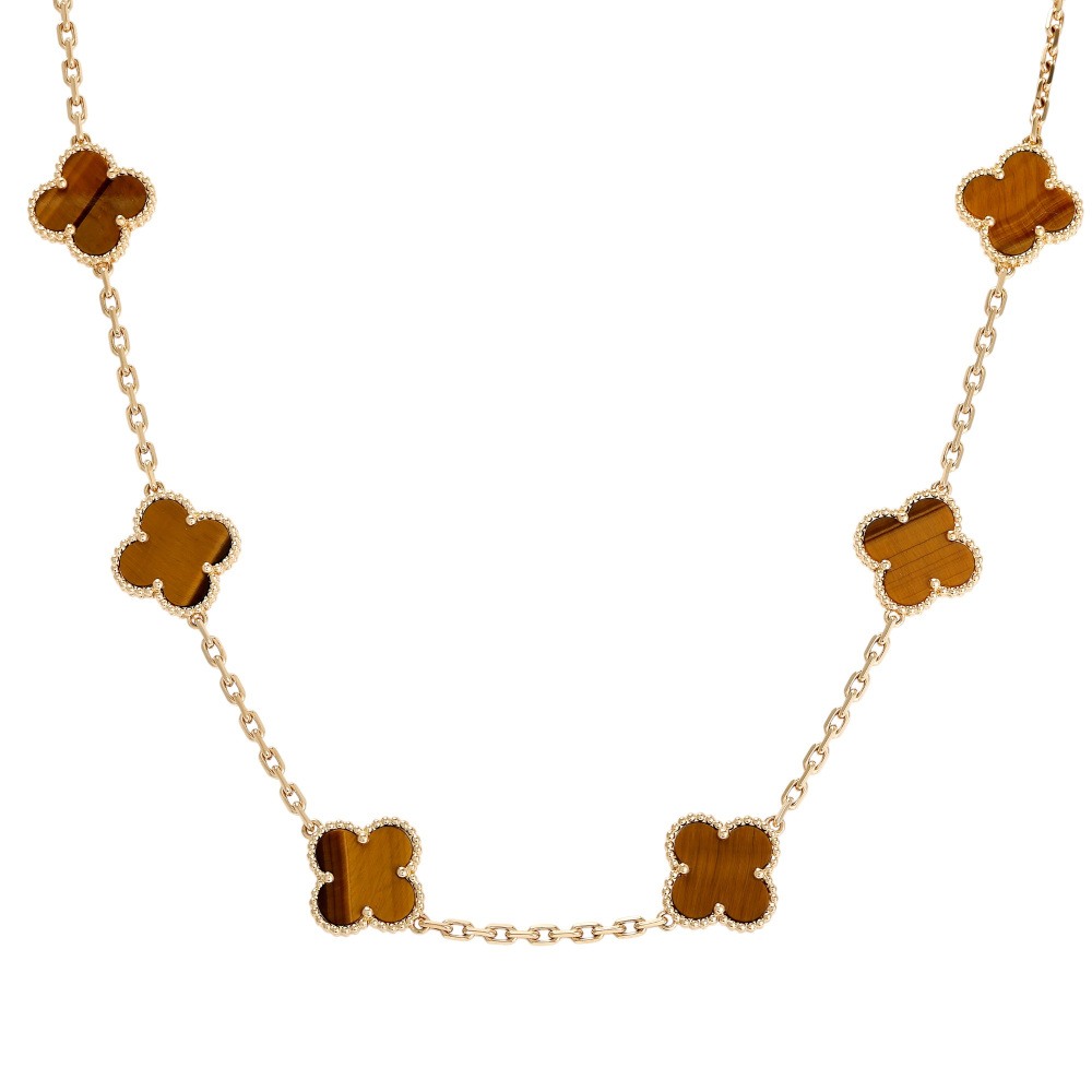 Van Cleef & Arpels Vintage Alhambra 10P Motif Necklace 18K Yellow Gold Tiger Eye VCARD40700