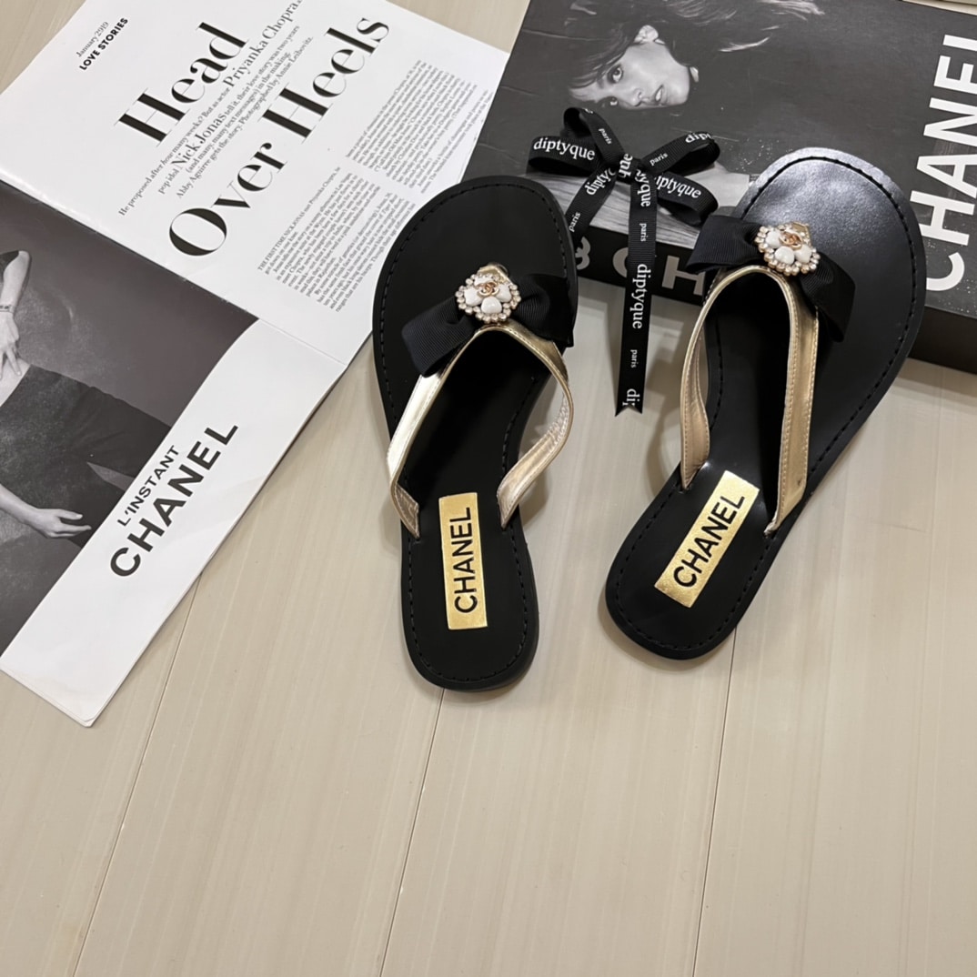 Chanel Thong Slide White Camellia Cc Logo Bow Black
