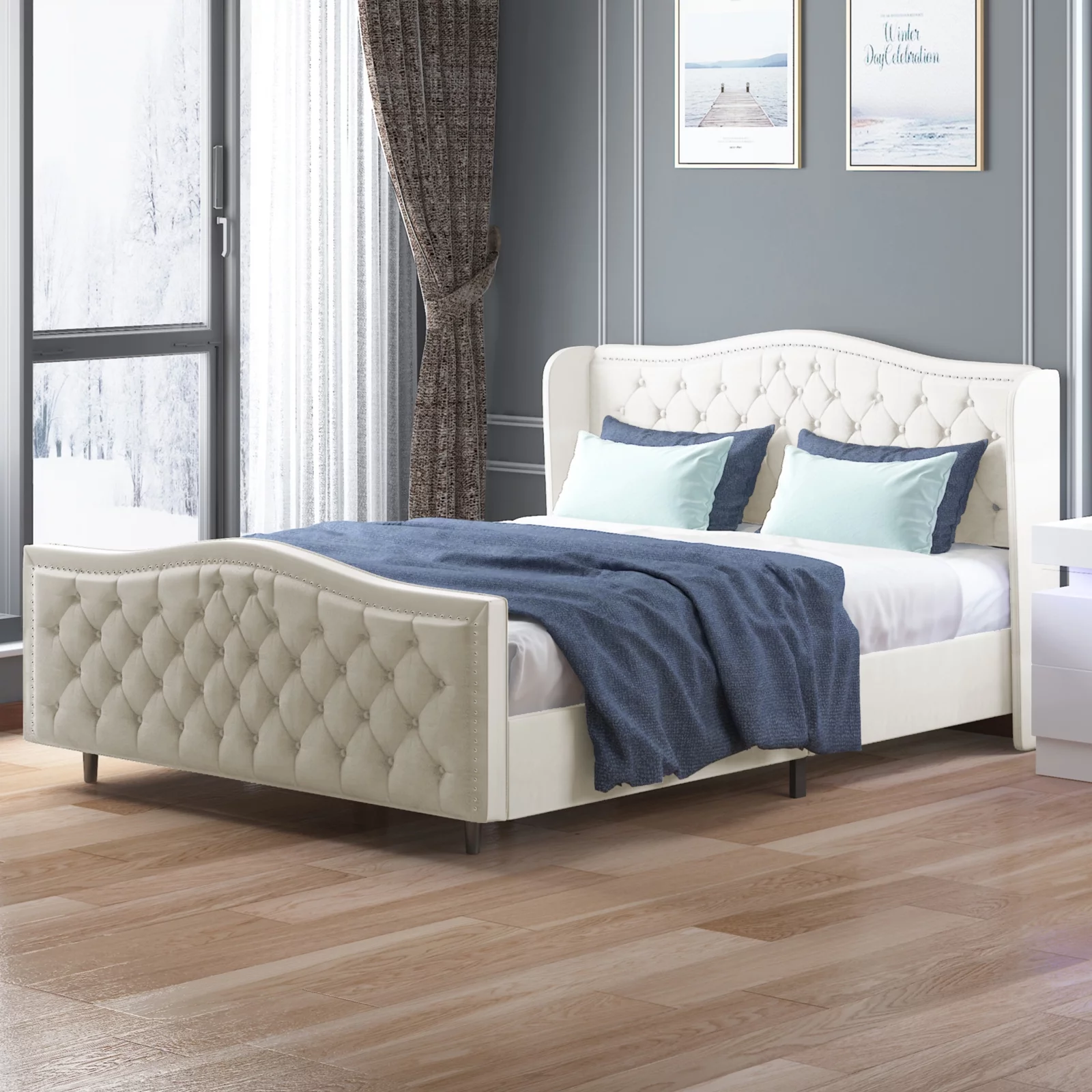 ZAFLY King Size Bed Frame with Headboard | Button Tufted Velvet/Dutch Velvet Bedroom Furniture | High Upholstered Platform Bed Frame, King Size, Bright White