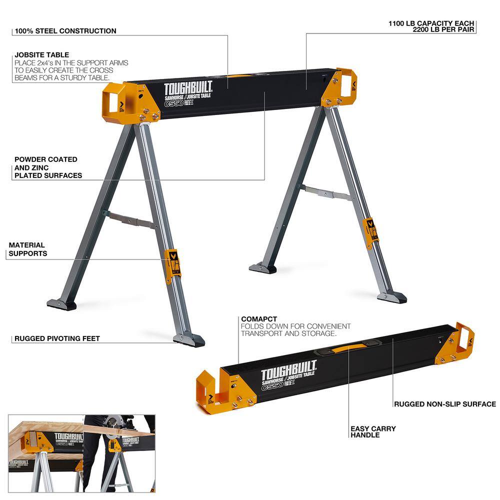 TOUGHBUILT 41.54 in. W x 28.8 in. H C550 Powder-Coat Steel Sawhorse and Jobsite Table with 1100 lb capacity TB-C550