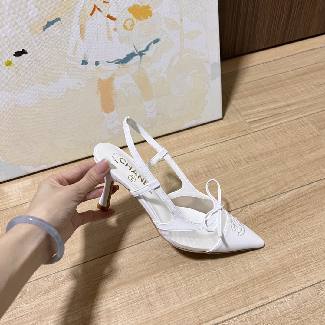 Chanel Cc Leather Pointy Toe Pumps Slingbacks Sandals White